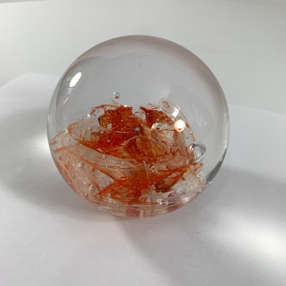 Round Art Glass Paperweight Clear Orange White Swirl Ball Bubbles 10" Around - Picture 5 of 9